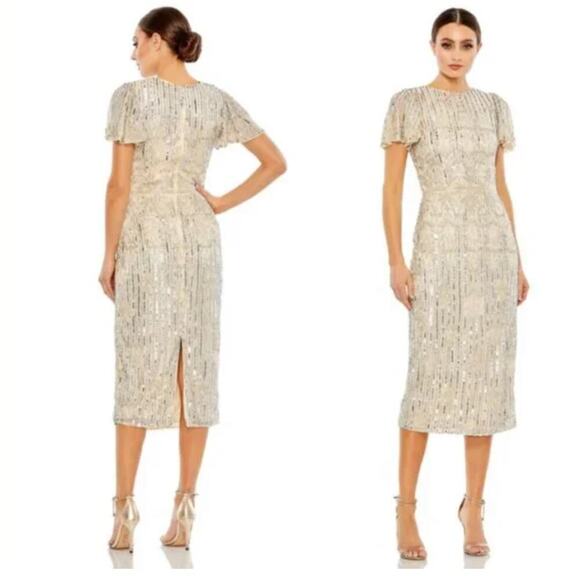 Mac Duggal Embellished Sequined Knee-Length Dress Nude Silver Size 6 NWT - Picture 1 of 12